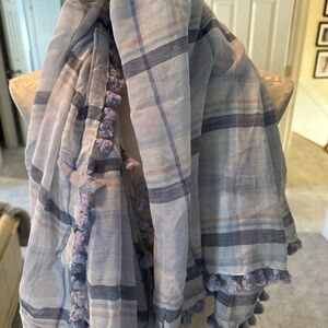 Elegant Blue and Gray Plaid Scarf with Tassels